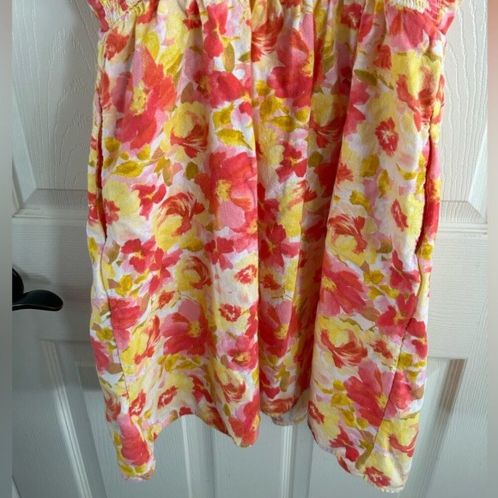 Old Navy Sz Small Yellow Pink Floral Mini Dress Tie Straps Linen Blend Pockets - Picture 6 of 15